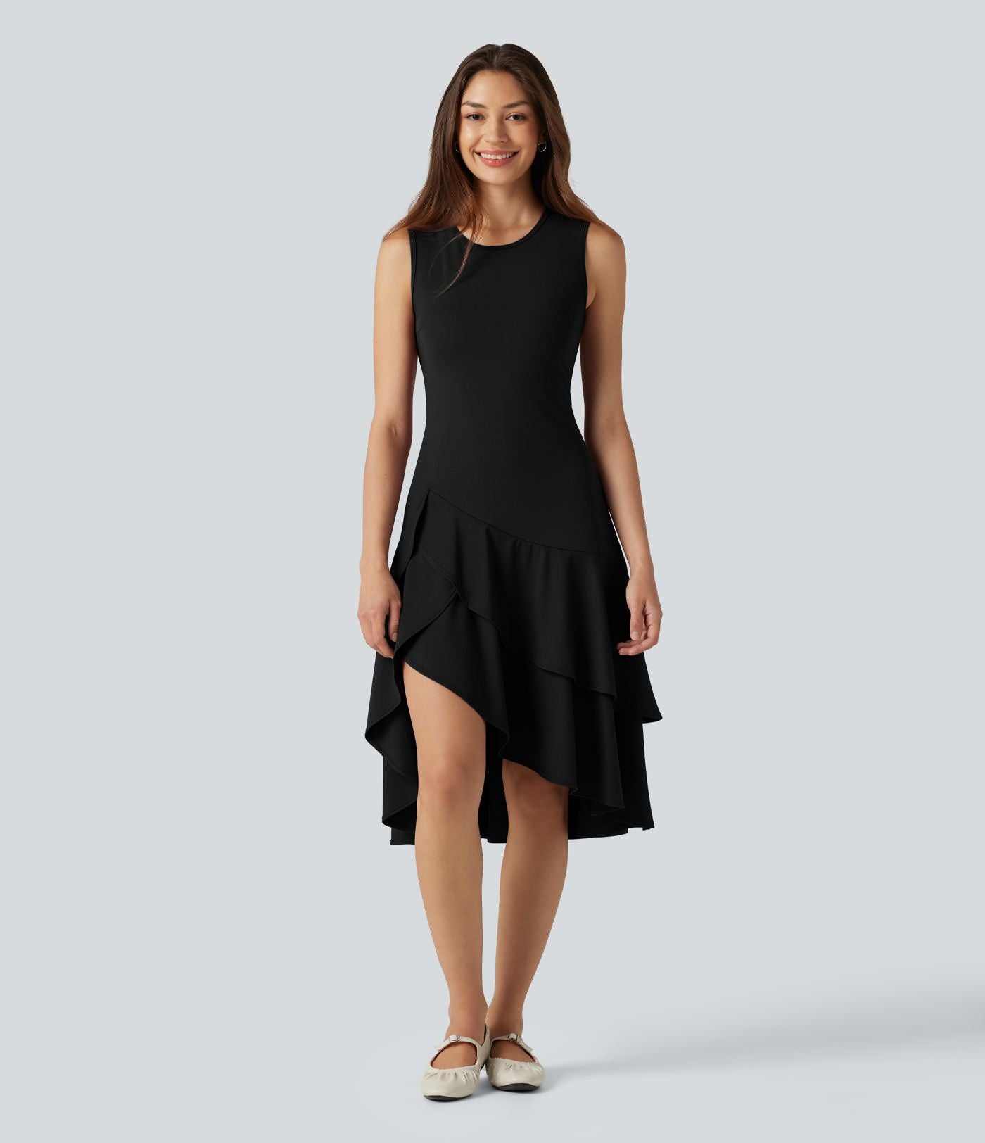 Robe midi décontractée SoftlyZero™ Airy col rond, sans manches, ourlet à volants étagés, à effet frais InstantCool
