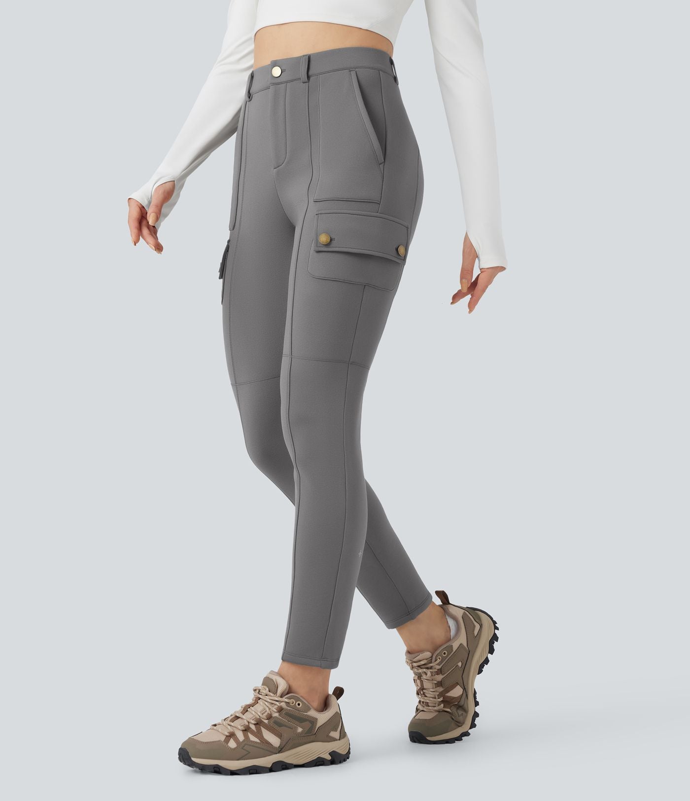 Pantalon cargo de randonnée ajusté polaire taille haute avec poches