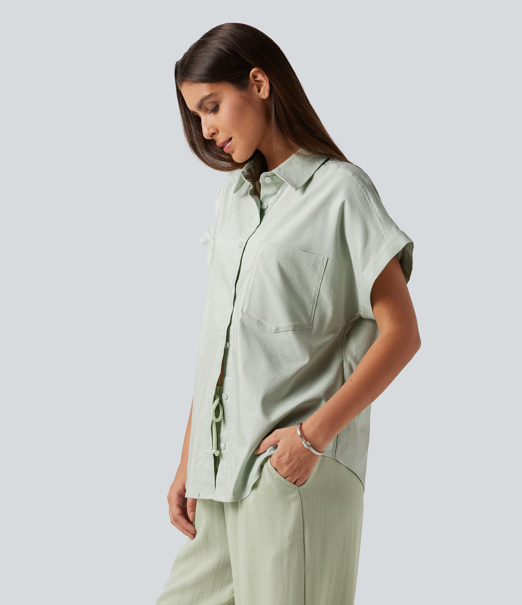 Chemise décontractée manches courtes en coton et lin avec poche