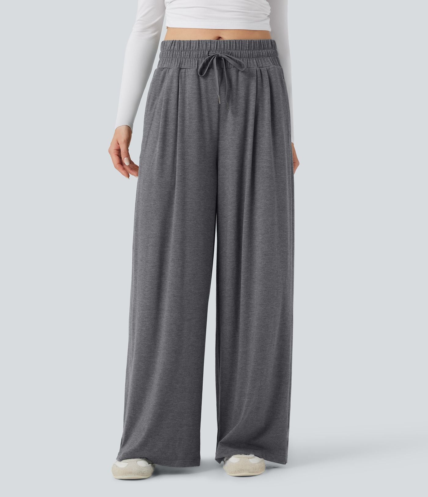 Pantalon large décontracté chiné taille mi-haute avec cordon et poches