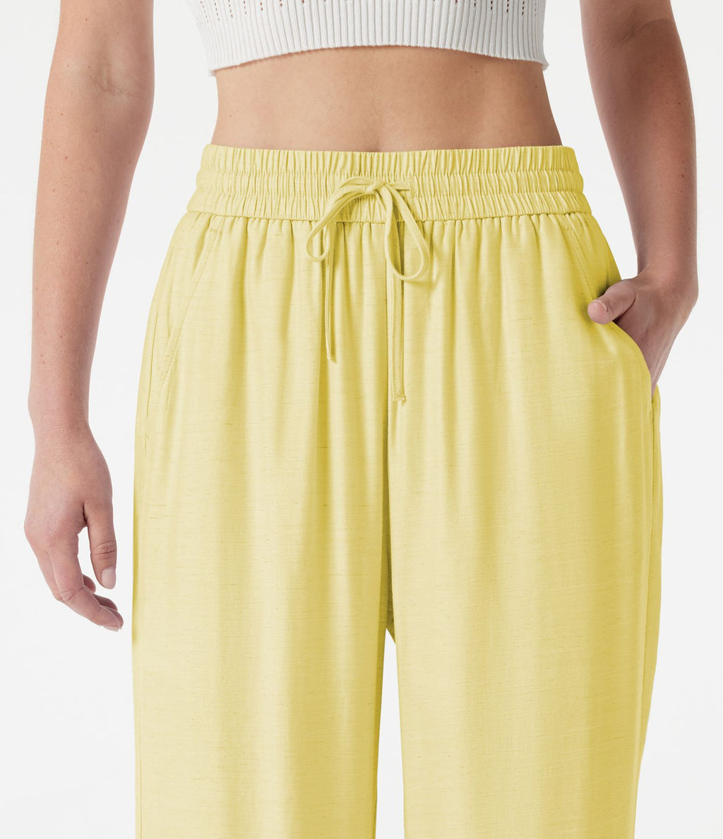 Pantalon large 2-en-1 casual en mélange de lin taille haute avec cordon et poches