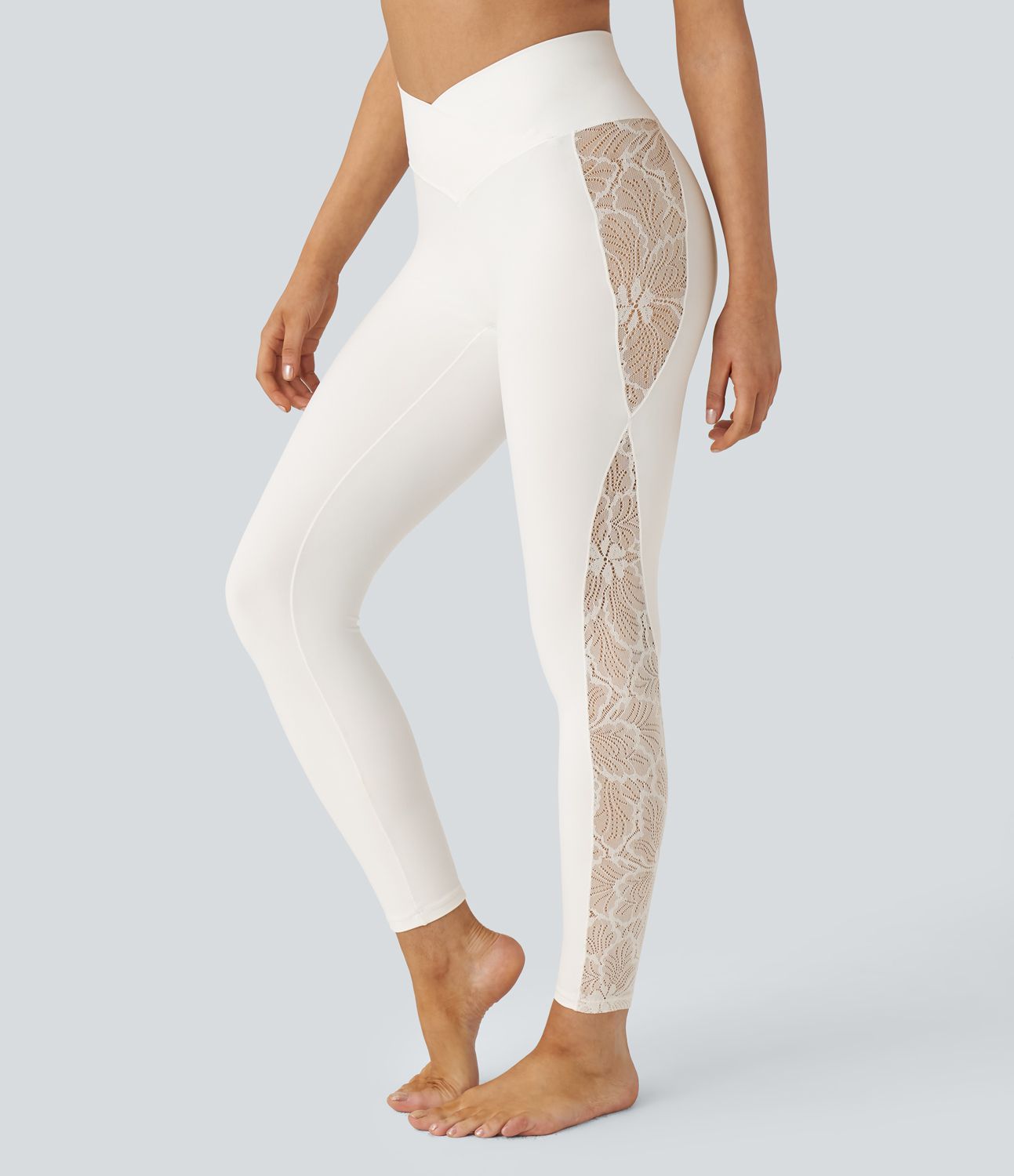 Softlyzero™ Legging Yoga 7/8 Taille Haute avec Poche au Dos Découpe Croisée et Dentelle Contrastante