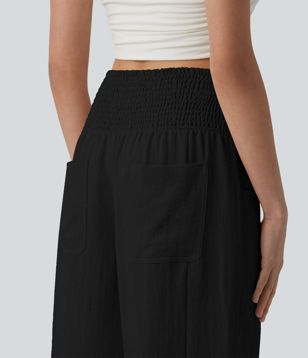 Pantalon casual bouffant aspect lin avec fronces taille haute et poches