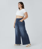 Halara Flex™ Jeans Larges Casual Taille Haute Multiples Poches Lavés Élastiques et Tricotés Grande Taille