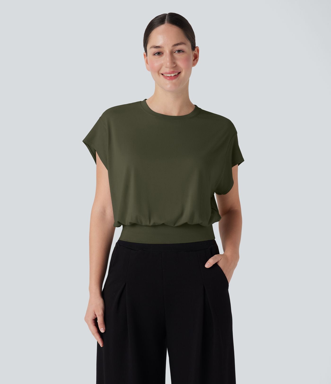 T-shirt de travail à col rond et manches chauve-souris courtes