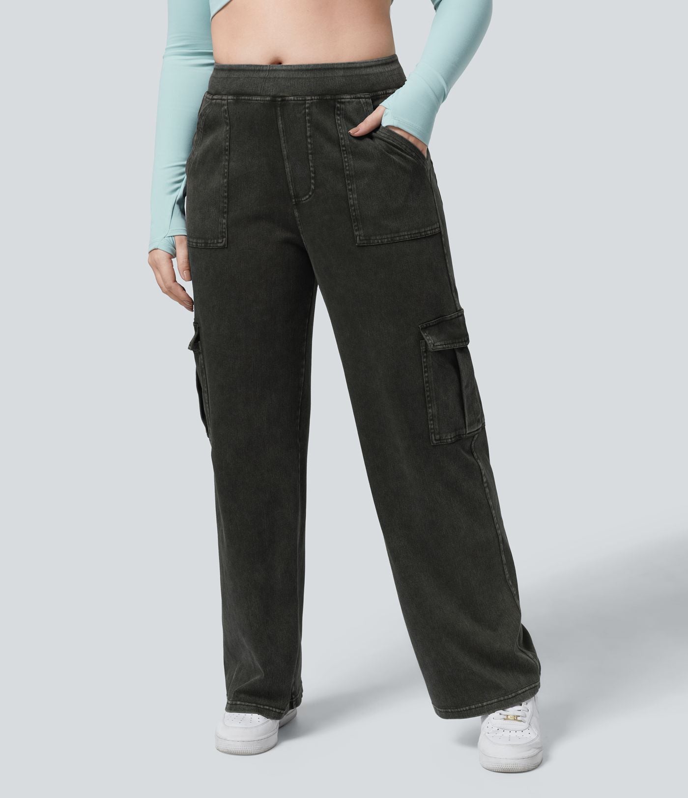 Halara Flex™ Jean Droite Cargo Taille Mi-Haute Multiples Poches Décontracté Extensible Droite Grande Taille