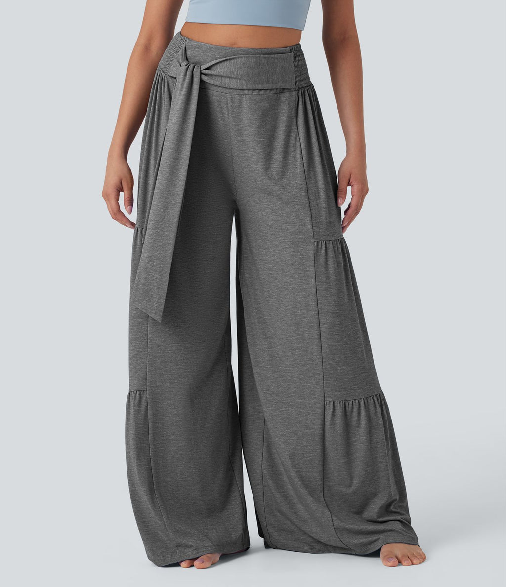 Pantalon danse large fluide taille haute smocké nœuds devant et dos