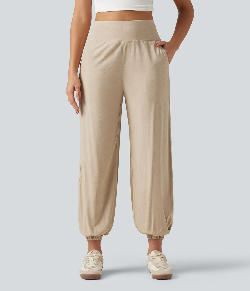 Pantalon de jogging taille haute en lin stretch avec poches