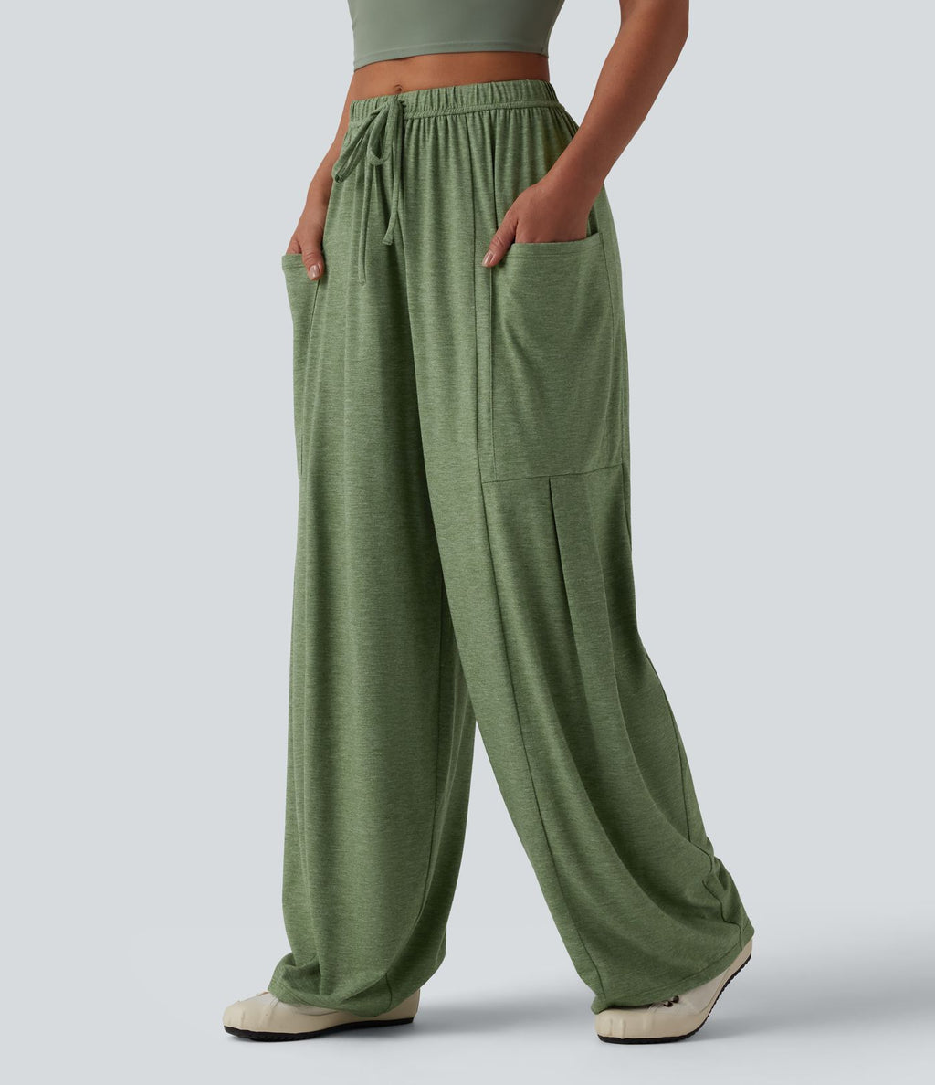 Pantalon large décontracté chiné taille mi-haute avec cordon de serrage avec poches