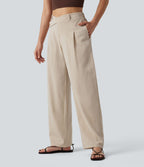 Pantalon tailleur asymétrique effet lin, taille moyenne, coupe ballon, à poches