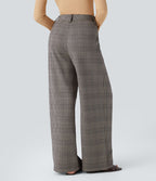 Pantalon taille haute décontracté large à carreaux, avec poches