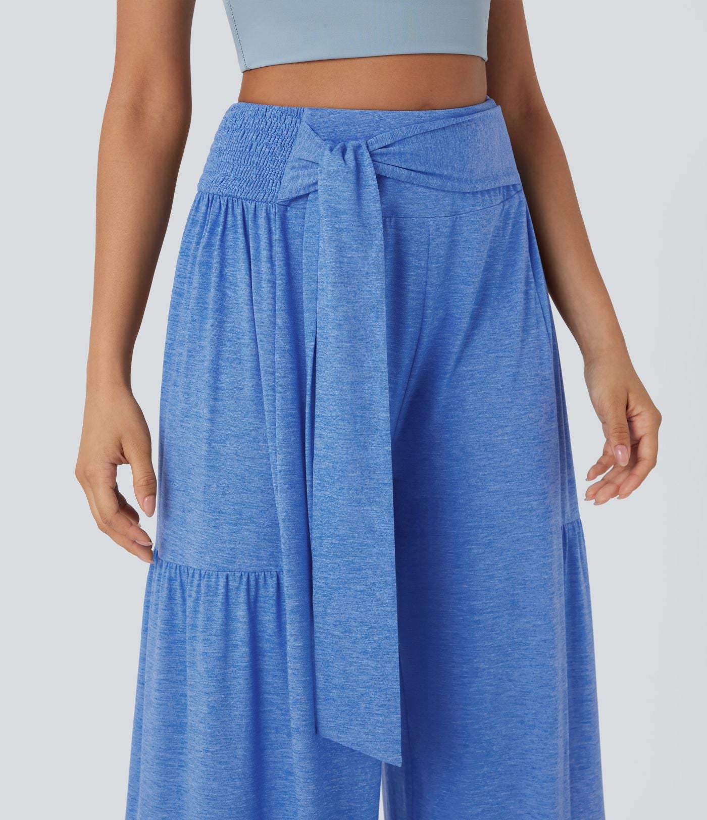 Pantalon danse large fluide taille haute smocké nœuds devant et dos