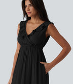 Robe fluide midi vacances col V sans manches dos nu à nouer volants avec poches