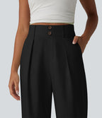 Pantalon large fluide casual en coton et lin taille haute avec poches