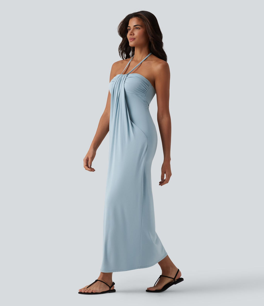 Robe longue dos nu col licou avec nœud et poches