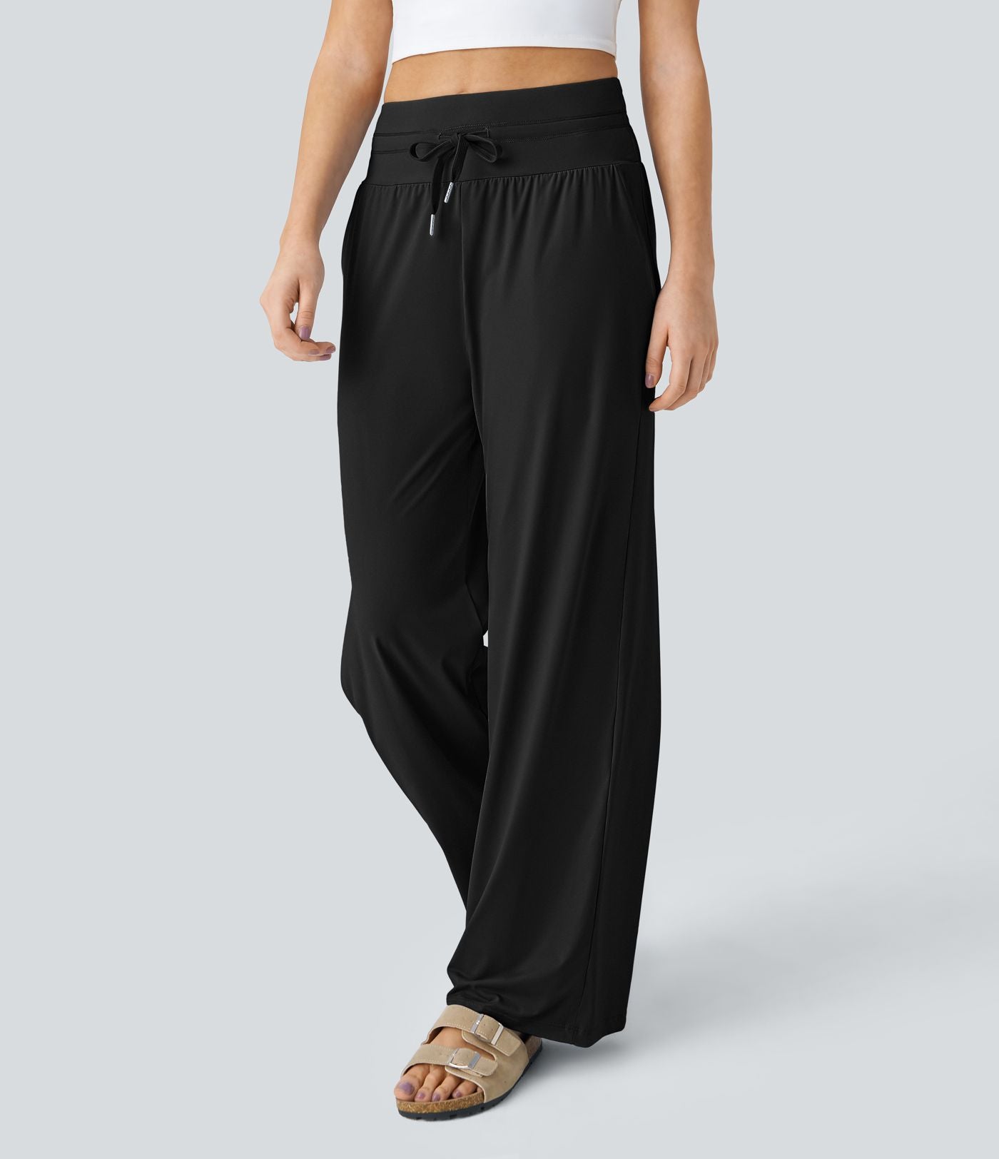 Pantalon large décontracté taille haute cordon de serrage poches latérales effet frais InstantCool