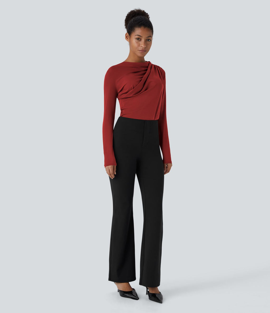 Cowl Neck Ruched Long Sleeve Slim Work Top