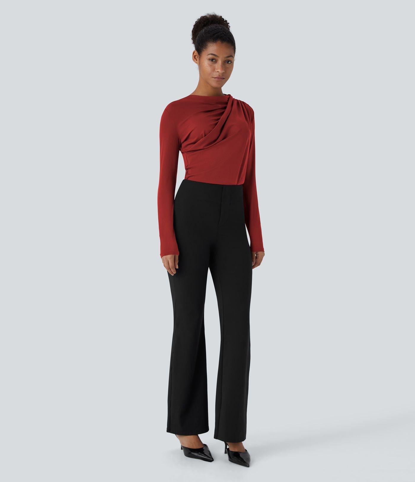 Cowl Neck Ruched Long Sleeve Slim Work Top