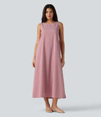 Robe débardeur midi décontractée col rond sans manches en vichy froissé avec poches
