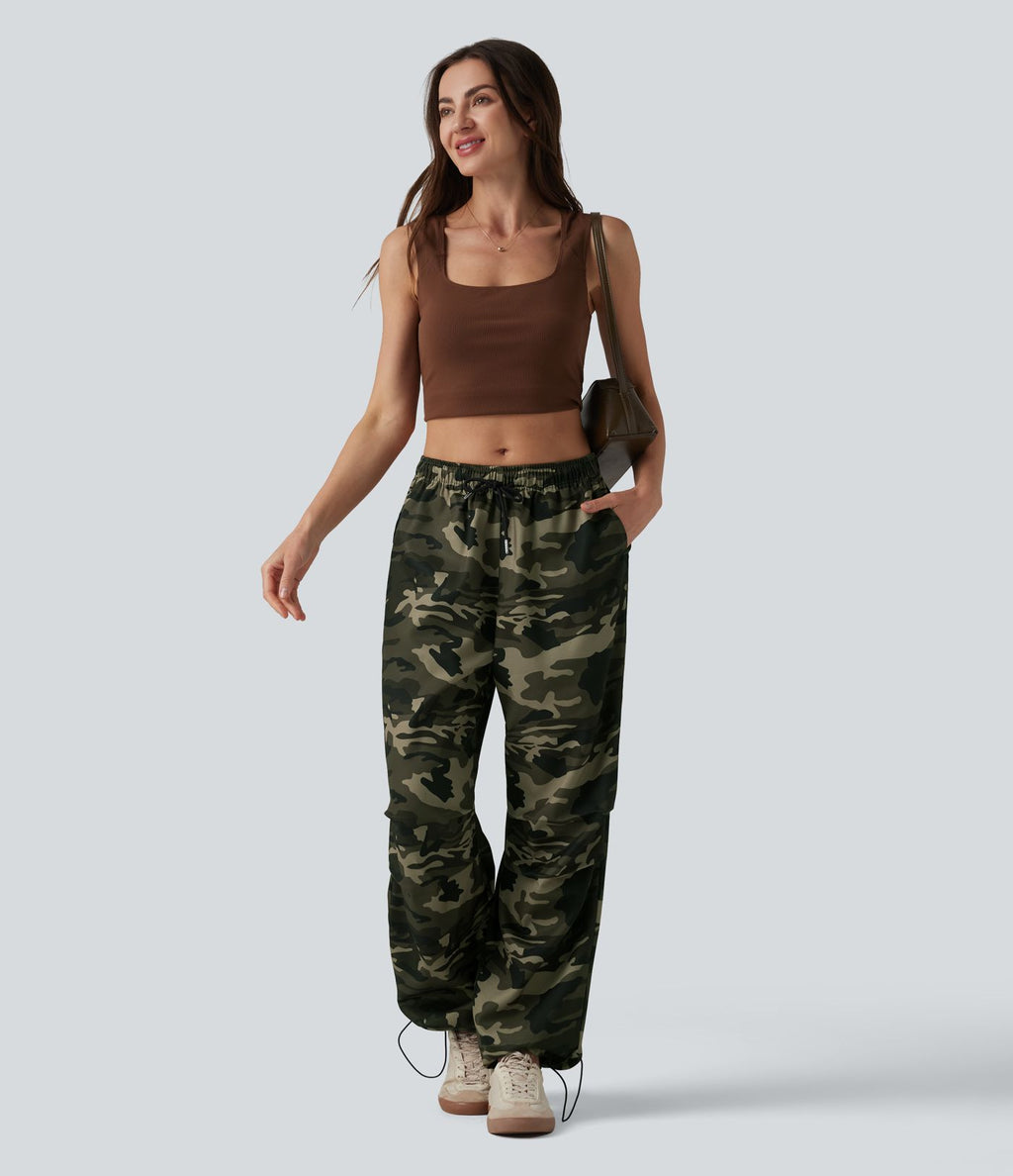 Pantalon cargo large décontracté camouflage taille mi-haute avec cordon de serrage et poches