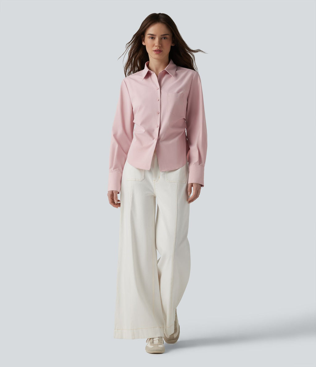 Chemise décontractée manches longues ourlet arrondi avec poche