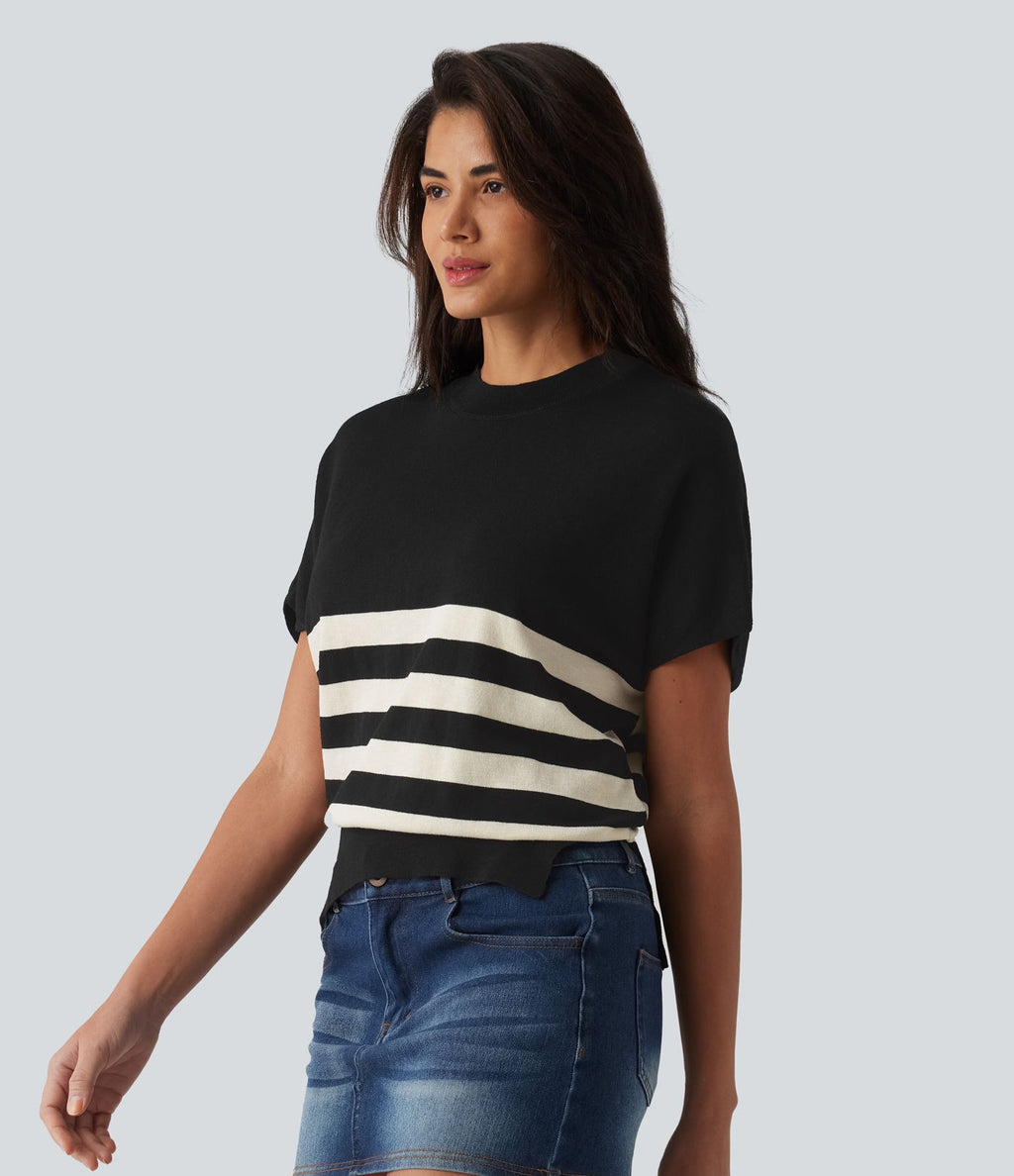 Pull casual col rond manches courtes à rayures