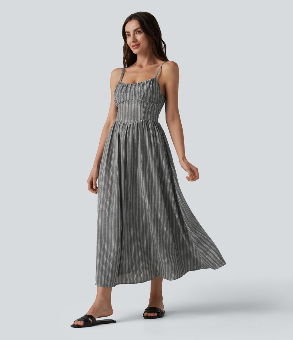 Robe nuisette midi fluide décontractée à rayures style corset lacé avec poches