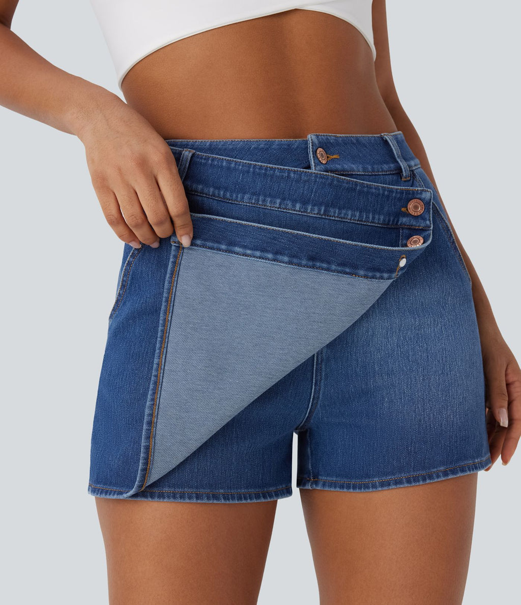 Halara Flex™ Short décontracté en jean extensible effet délavé à taille haute avec poches multiples et détail enveloppant
