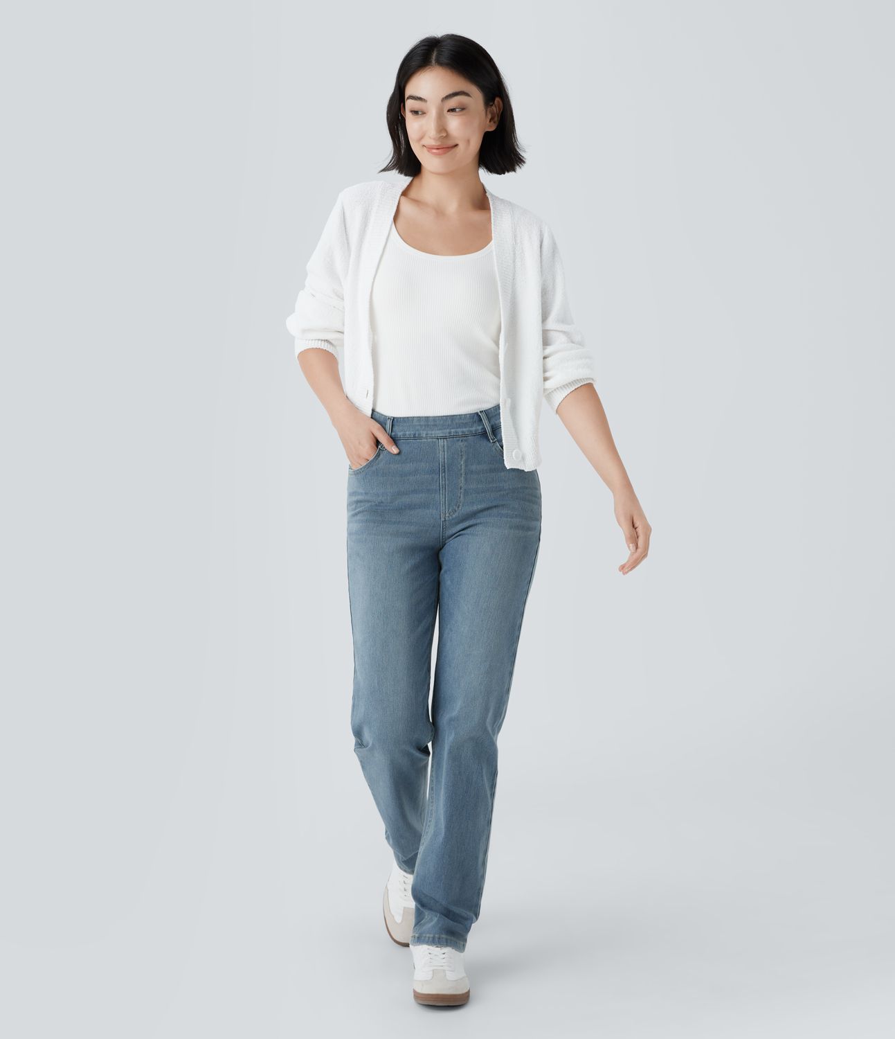 Jean droit Halara Flex™ à taille haute, poches multiples, effet délavé et tissu extensible