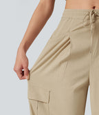 Pantalon cargo décontracté en lin extensible coupe droite taille mi-haute avec cordon de serrage et poches