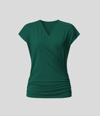 Blouse Travail Unie Froncée Croisée Manches Courtes Col en V