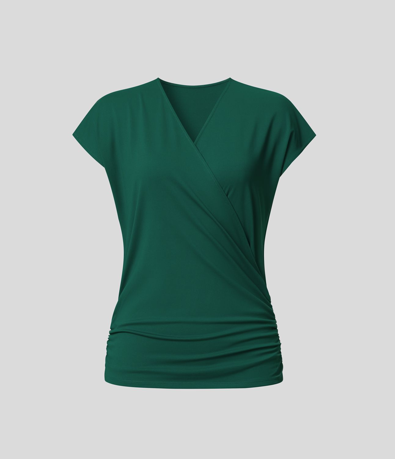 Blouse Travail Unie Froncée Croisée Manches Courtes Col en V