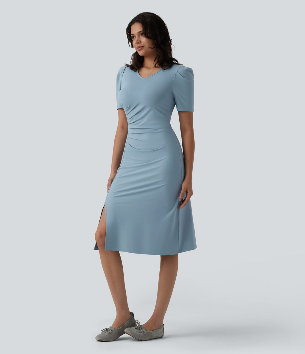 Robe midi casual col V manches courtes