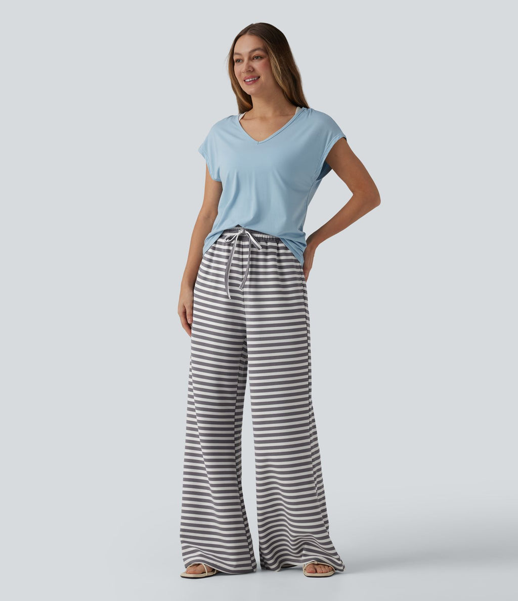 Pantalon large casual à rayures en maille gaufrée taille haute avec cordon de serrage et poches