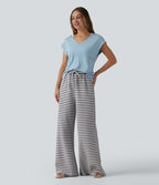 Pantalon large casual à rayures en maille gaufrée taille haute avec cordon de serrage et poches