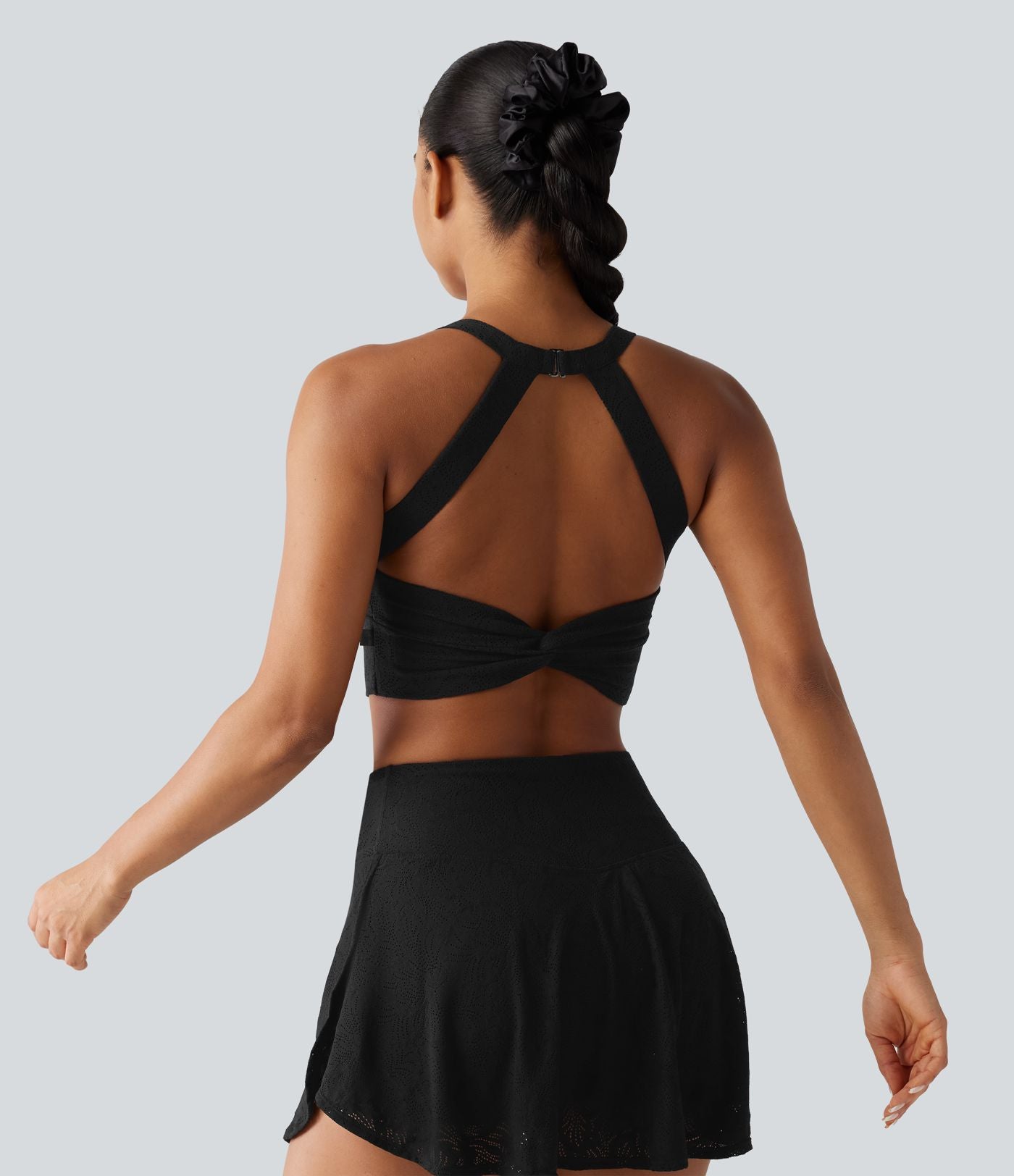 Débardeur de yoga SoftlyZero™ dos nu torsadé avec dentelle contrastée, coussinets amovibles et protection solaire UPF 50+
