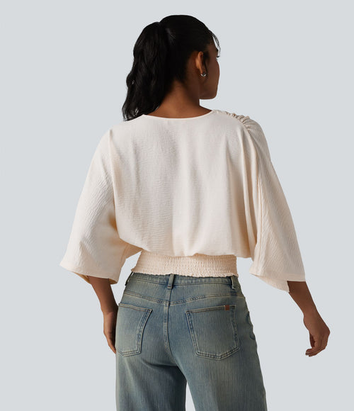 Blouse décontractée effet lin col V, manches chauve-souris et détails froncés
