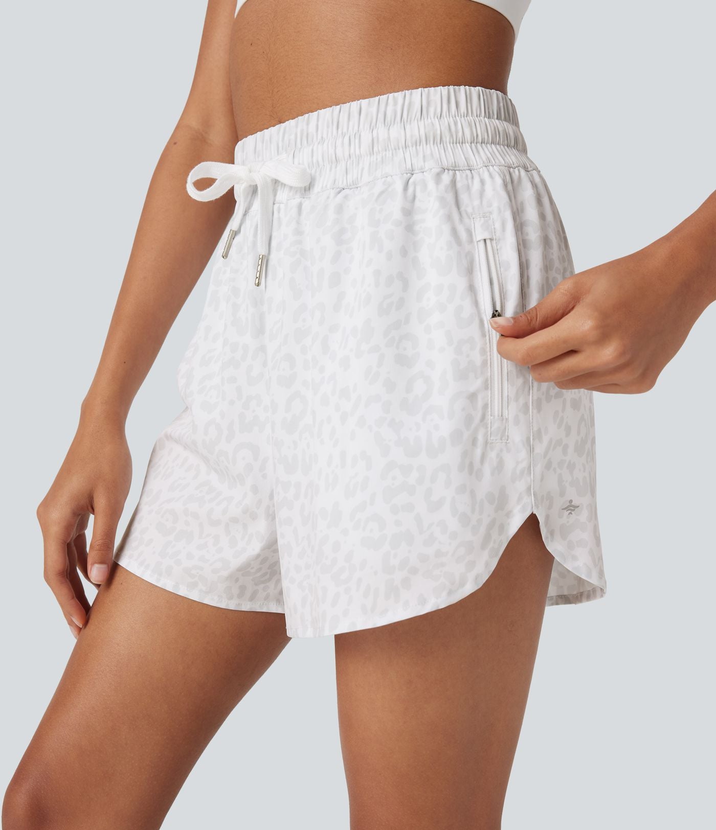 Short de jogging 2-en-1 taille haute avec cordon à imprimé léopard et ourlet incurvé avec poches