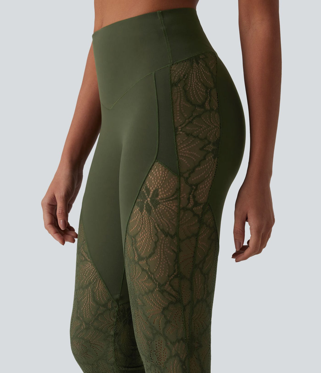 Pantalon de yoga évasé gainant taille haute avec dentelle contrastée et poche Halara UltraSculpt™