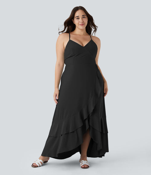 Breezeful ™ Robe Casual Grande Taille Maxi à Dos Nu Croisillons Lacés Fermeture Éclair Latérale Volants et Ourlet Fendu à Séchage Rapide