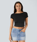 T-shirt court décontracté à encolure bateau, manches courtes et fronces