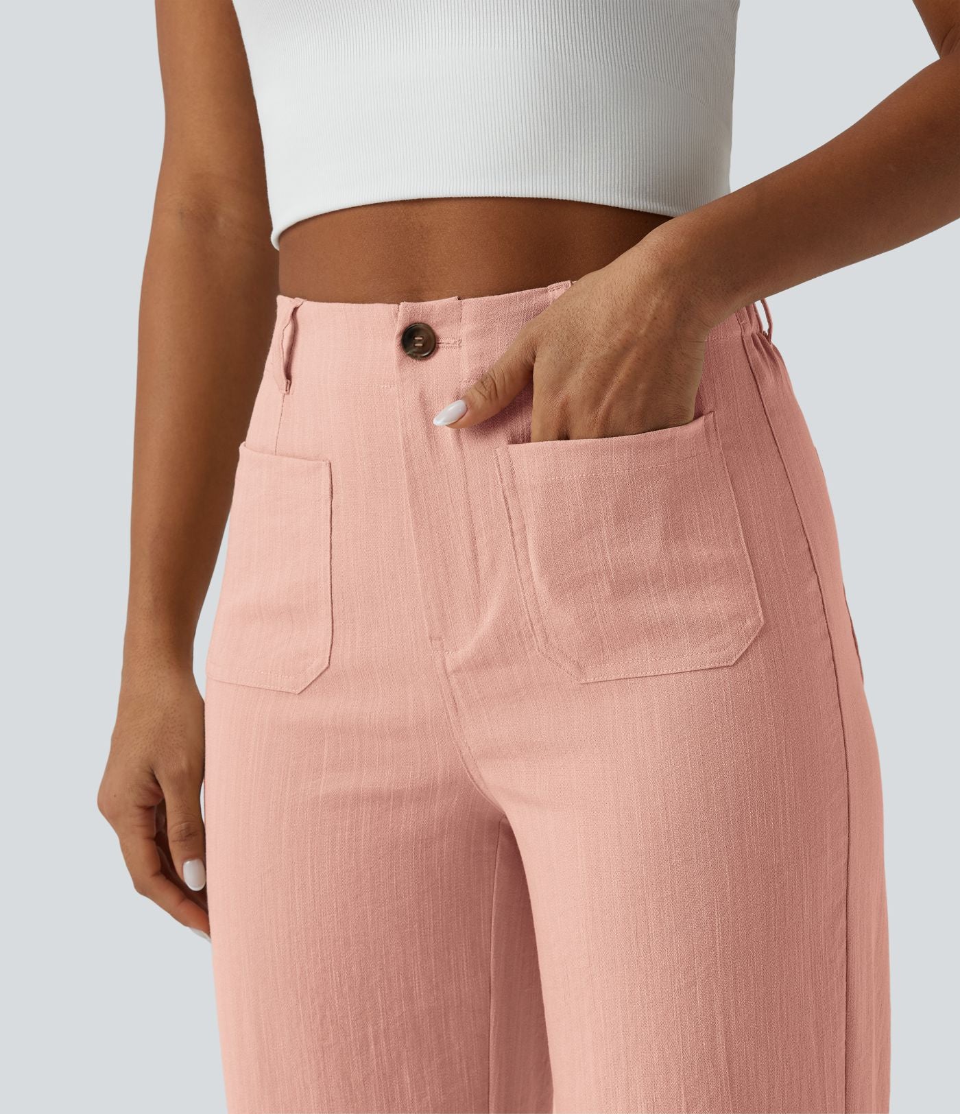 Pantalon taille haute coupe droite effet lin avec poches