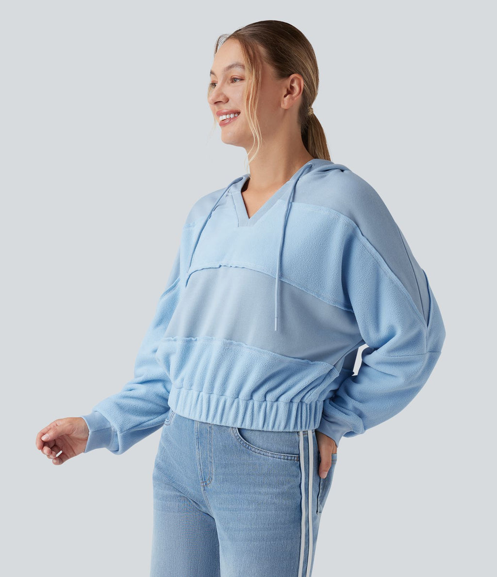 Sweat-shirt de sport patchwork à capuche avec cordon de serrage et manches longues