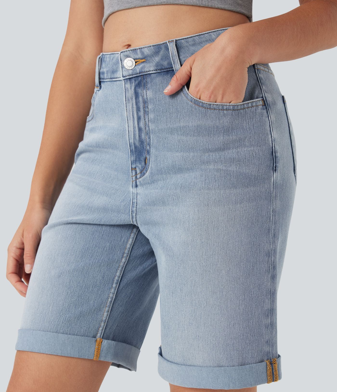 Bermuda décontracté en jean extensible délavé Halara Flex™ taille haute avec revers et multiples poches