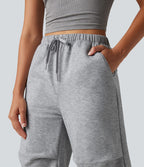 Pantalon large polaire taille haute avec cordon de serrage, fronces et poches