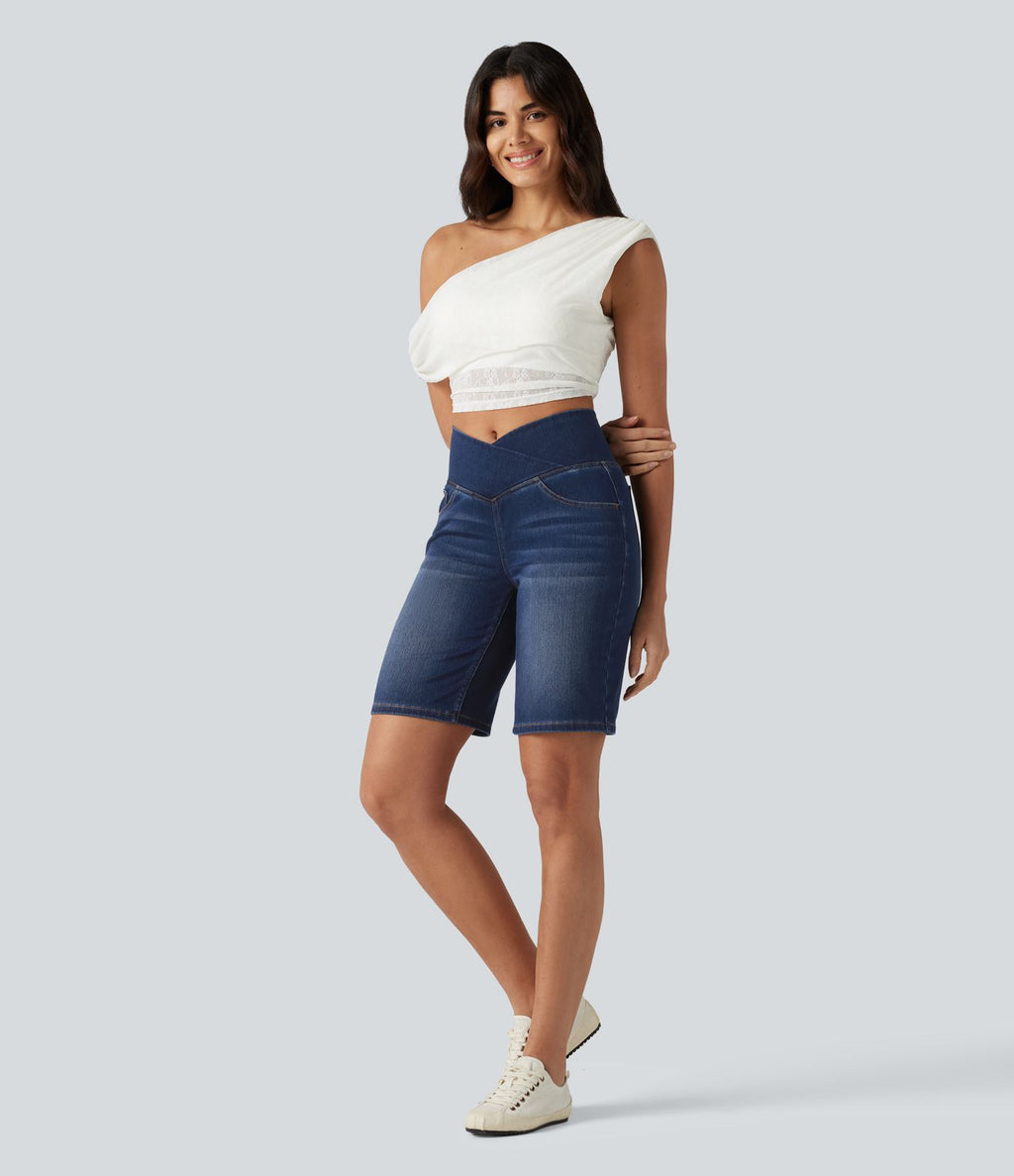 Short en jean Halara Flex™ casual gainant taille haute croisée avec poches