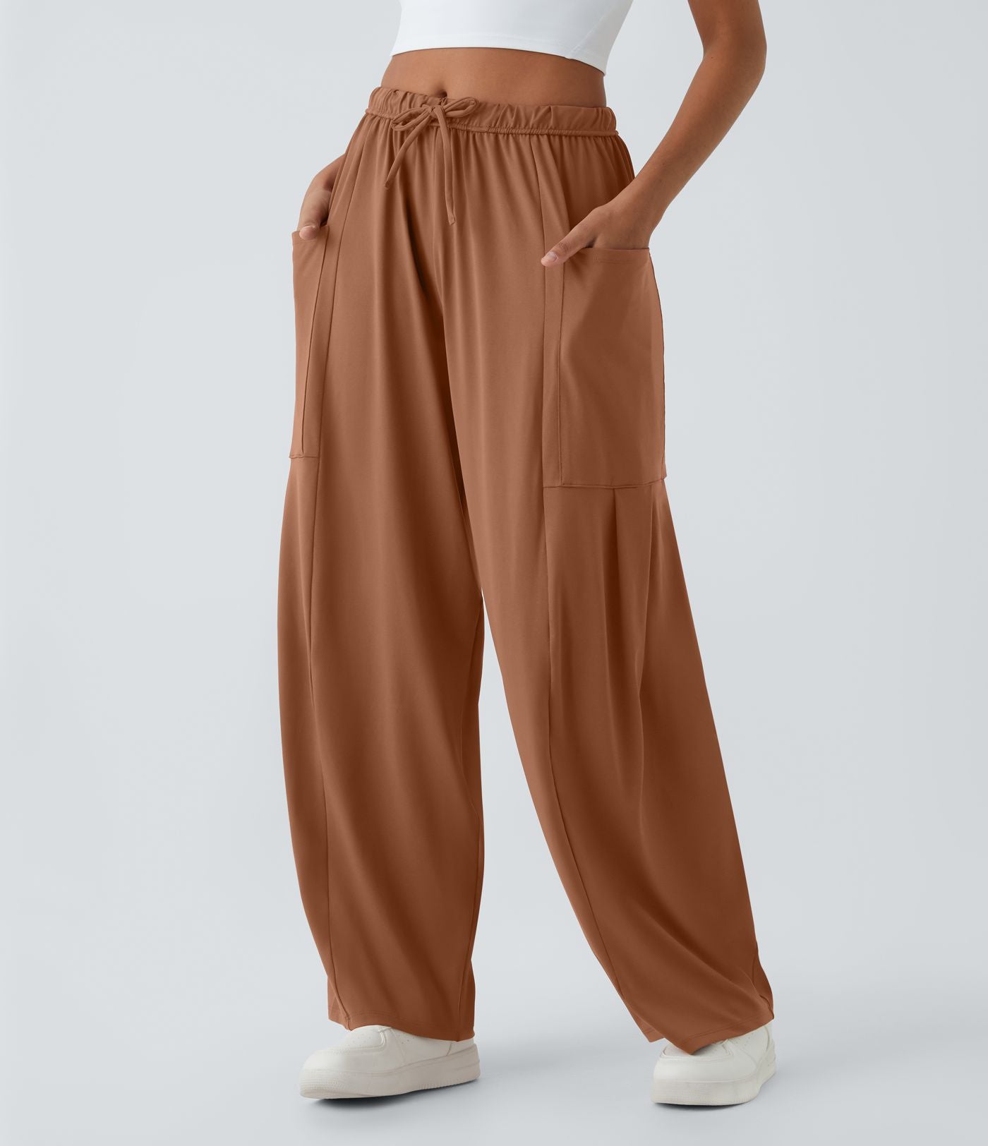 Pantalon Large Fluide Taille Mi-Haute Taille Élastique Cordon Poches Latérales Ourlet Flottant