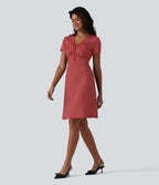 Robe casual à col V, manches courtes et imprimé à pois longueur genou