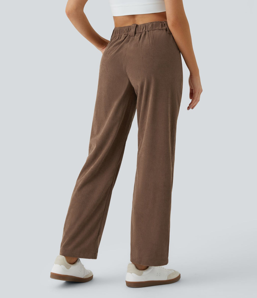 Pantalon en velours côtelé décontracté taille moyenne avec poches latérales