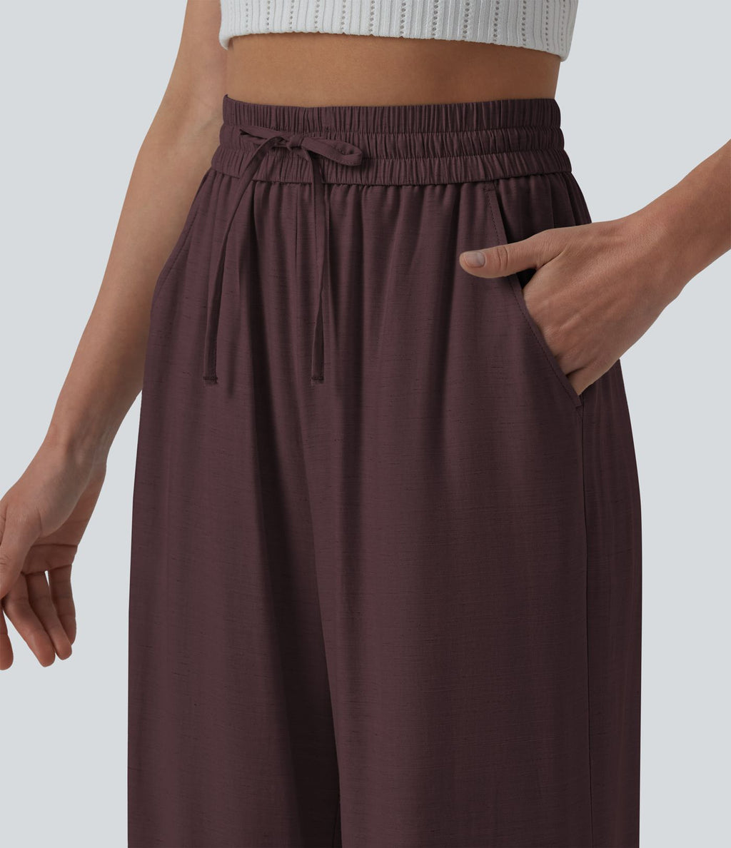 Pantalon casual large mélange lin taille haute avec cordon de serrage et poches